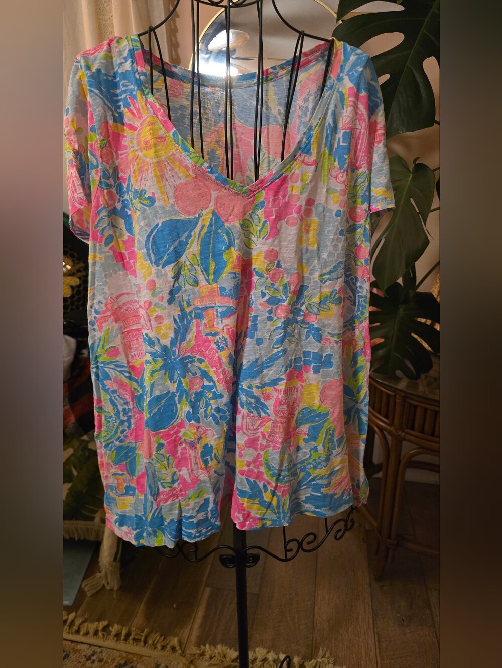 Lilly Pulitzer Etta V-Neck Palm Beach Slub Cotton T-Shirt Top XL